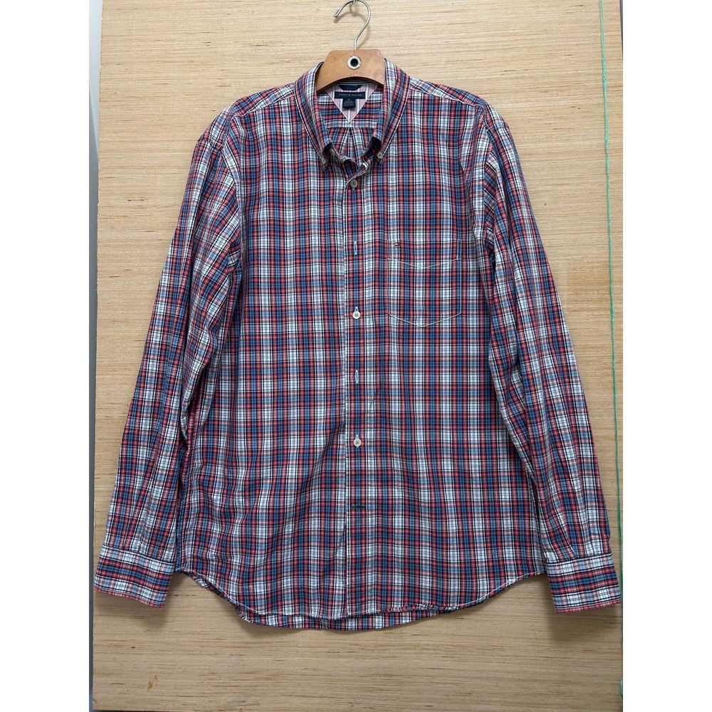 Tommy Hilfiger Mens Trim Fit Plaid Button Down Shirt Red White Blue Medium